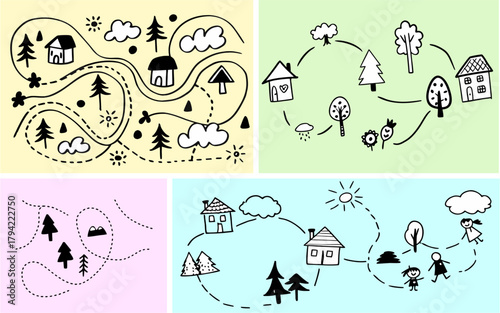 Children's hand-drawn map doodles set. Style theme, simple black and white written travel route sketches for children with houses, trees, nature, home, clouds, sun.
