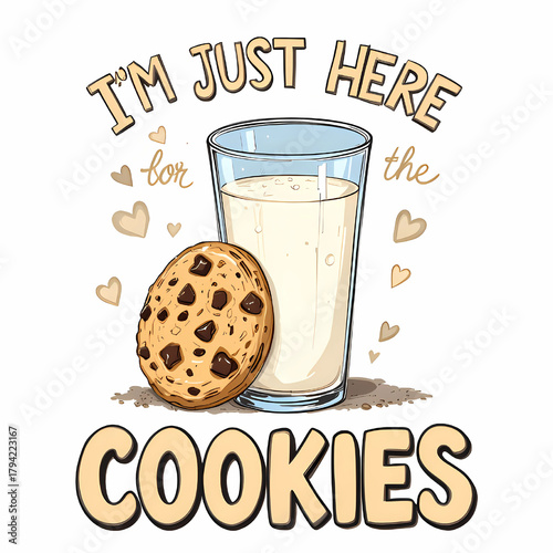 Playful milk-and-cookie t-shirt design with funny chunky text, creamy colors, and irresistible sweet snack vibes