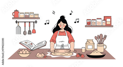 A happy woman bakes in her kitchen, rolling out dough with ingredients, utensils, and musical notes, depicting a cheerful domestic activity.