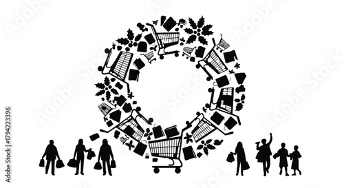 Festive shopping spree with people carrying bags and a wreath of carts and gifts