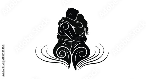 Embracing couple silhouetted with tribal inspired patterns, symbolizing deep connection and passion.