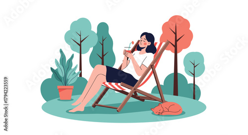 A woman relaxes in a deck chair in a sunny garden, enjoying a refreshing drink with her sleeping cat nearby.