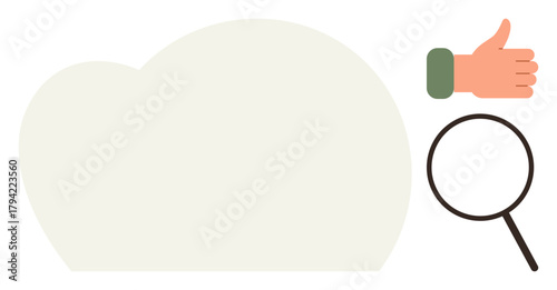 Thumbs-up hand gesture paired with a magnifying glass near a blank cloud-shaped area. Ideal for analysis, approval, validation, research, evaluation, inspection, and success themes. Simple flat