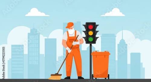 Sanitation worker cleaning the city street for a cleaner environment