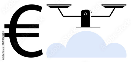 Euro sign stands beside a balance scale hovering in the cloud. Ideal for finance, economy, trade, banking, investments, digital finance, and financial equality. Simple flat metaphor