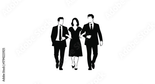 Three stylish individuals walk together arm in arm, representing unity and companionship.