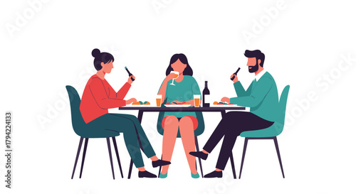 Friends at a restaurant ignore each other while looking at their smartphones, highlighting modern social disconnection.
