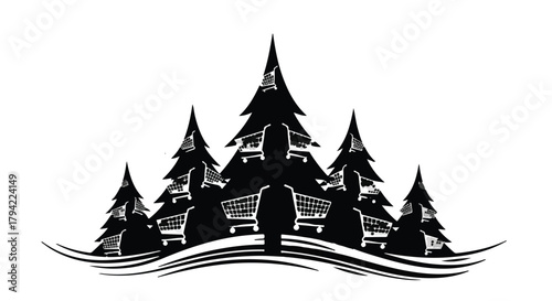 Whimsical forest of shopping carts under starry night sky