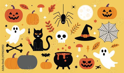 Cute flat Halloween illustration collection with pumpkins, ghosts, black cat, spider, skull, witch hat, cauldron, autumn leaves and spooky elements