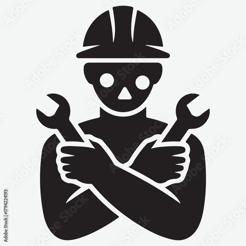Icon of a worker in a hard hat holding two wrenches