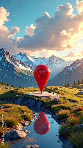 A vibrant scenic vista showcasing a giant red location pin atop a small circular platform, mountains in the distance and a reflective river