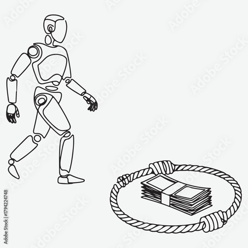Robot approaching a money trap, symbolizing financial risk and temptation