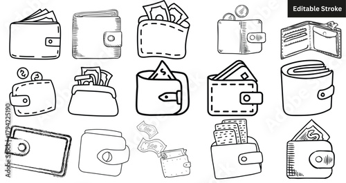 Set of 15 hand-drawn wallet and money icons. Doodle finance and payment vector illustration.