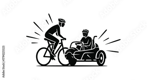Dynamic duo enjoys a thrilling bicycle ride with a passenger in a sidecar, radiating energy and adventure.