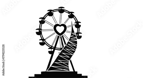 Romantic Ferris wheel with heart centerpiece against modern skyscraper silhouette
