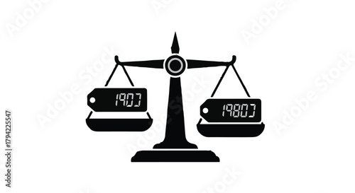 Balancing scales compare two price tags, representing value and cost