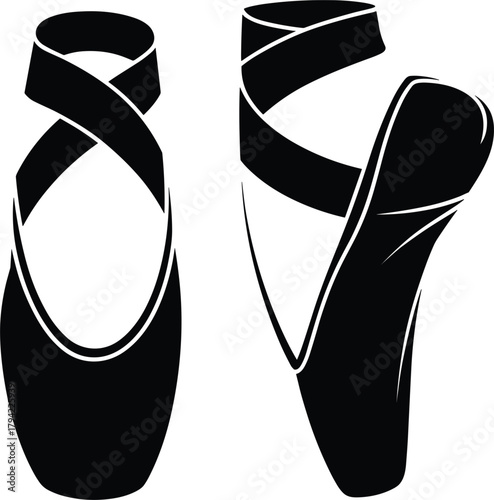 Black Silhouette Ballet Pointe Shoes with Ribbons on White Background dance footwear