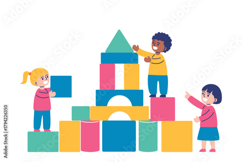 Diverse children working together to build a colorful tower with large blocks