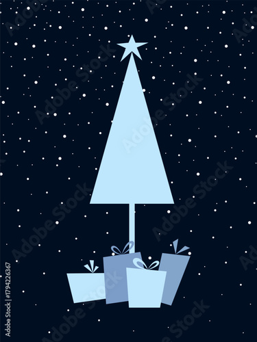 Blue abstract Christmas tree with gifts on a dark background with flying snow, vector illustration. Festive New Year's Eve background element for postcards, posters, banners, designs, greetings