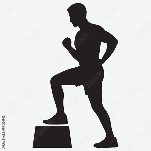 Silhouette of a man performing a step-up exercise on a box