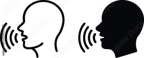 Speaking/Talking Head Icon (Outline and Silhouette), Speech Recognition Symbol, Communication Icon Set