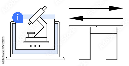 Laptop displaying microscope with information icon, horizontal arrows beside adjustable desk. Ideal for online learning, scientific research, remote work, innovation, ergonomics, technology, simple