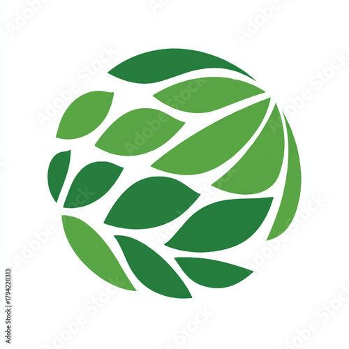 Abstract green leaves in a spherical shape on white background