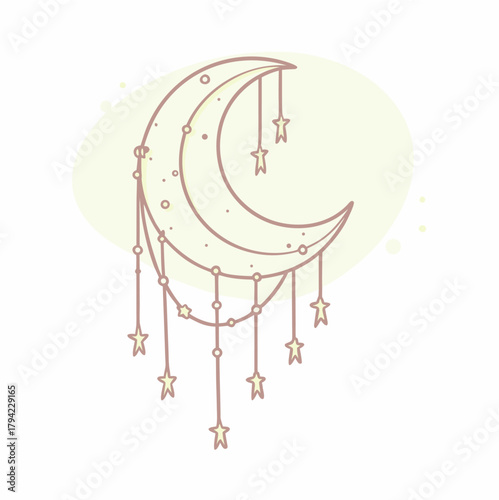 Crescent moon and stars line art for design element or icon use.


