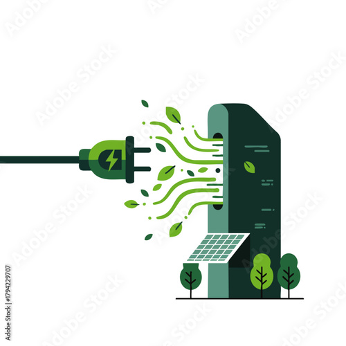 An illustration depicts a building powered by renewable energy, with a plug connected to a green energy source for sustainable living.