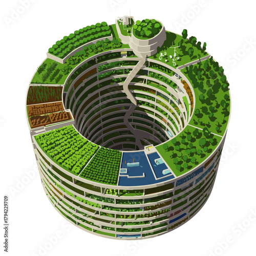 An architectural concept showcasing a sustainable, circular building design with integrated green spaces and urban farming elements for eco-conscious living.
