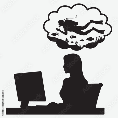 Silhouette of a person working on a computer dreaming of scuba diving