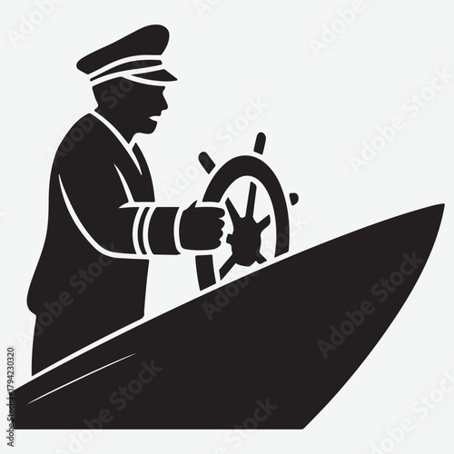 Silhouette of a ship captain steering a vessel with a helm