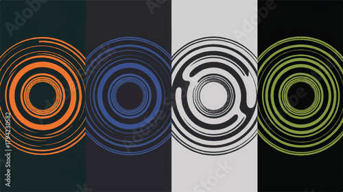 A digital art composition featuring circular patterns, varying colors, and abstract design elements