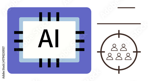 Microchip labeled AI and a group of people in a crosshair symbol. Ideal for artificial intelligence, technology, targeting, precision, analytics, innovation, communication. Simple flat metaphor