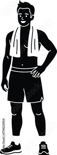 Post-Workout Silhouette – Athlete Standing with Towel Around Neck in Black and White