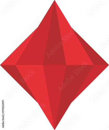 Red Geometric Diamond Shape with Facets on White Background jewel