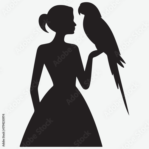 Silhouette of a Woman Holding a Parrot