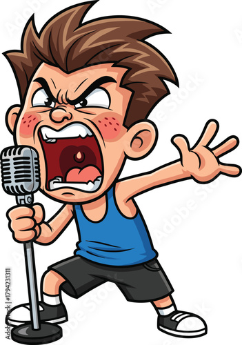 Cartoon boy singing with vintage microphone, spiky hair, expressive face, blue tank top, energetic pose, vector illustration, performance theme, children’s character