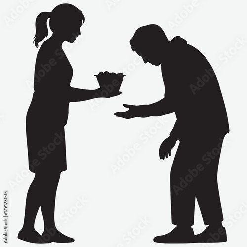 Silhouette of a woman offering food to a man in need
