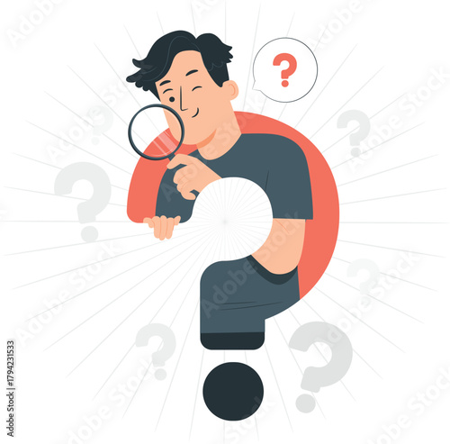 Man with magnifying glass examining a question mark search discovery