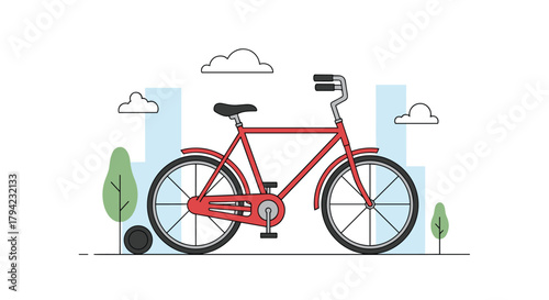 A minimalist vector illustration of a red classic city bicycle set against a simple urban background with trees and clouds.