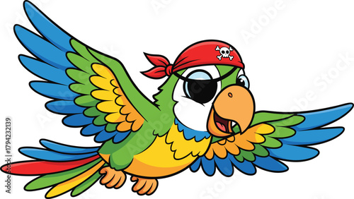 Cartoon pirate parrot flying with multicolored feathers, red bandana, eye patch, skull symbol, cheerful bird character, vector illustration, fun theme