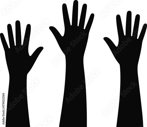 Three black silhouettes of raised hands on a white background arms people