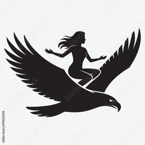 Silhouette of a woman riding a majestic eagle in flight