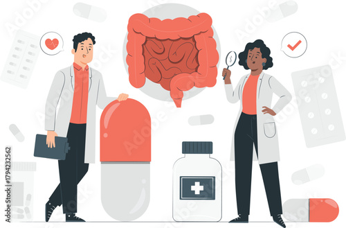 Medical professionals examining intestines with pills and capsules medicine healthcare