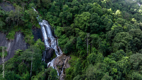 Принти на полотні Aerial view of waterfall surrounded by lush jungle and rocks, Waterfall and forest green tree, Waterfall in deep jungle with forest tree