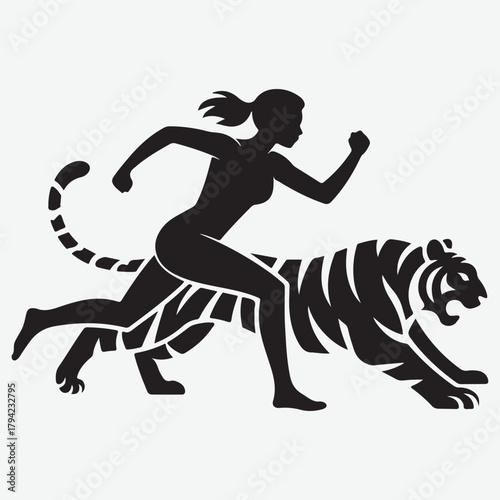 Silhouette of a woman running on a tiger