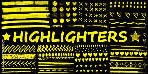 Collection of yellow highlighter pen strokes and hand drawn elements on a black background