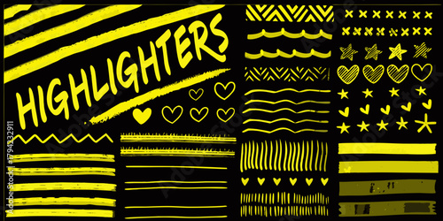 Collection of yellow highlighter pen strokes and doodles on a black background