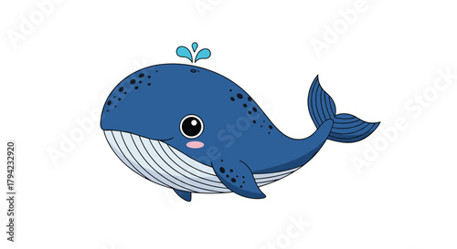 An adorable cartoon blue whale character with a water spout from its blowhole, isolated on a white background.